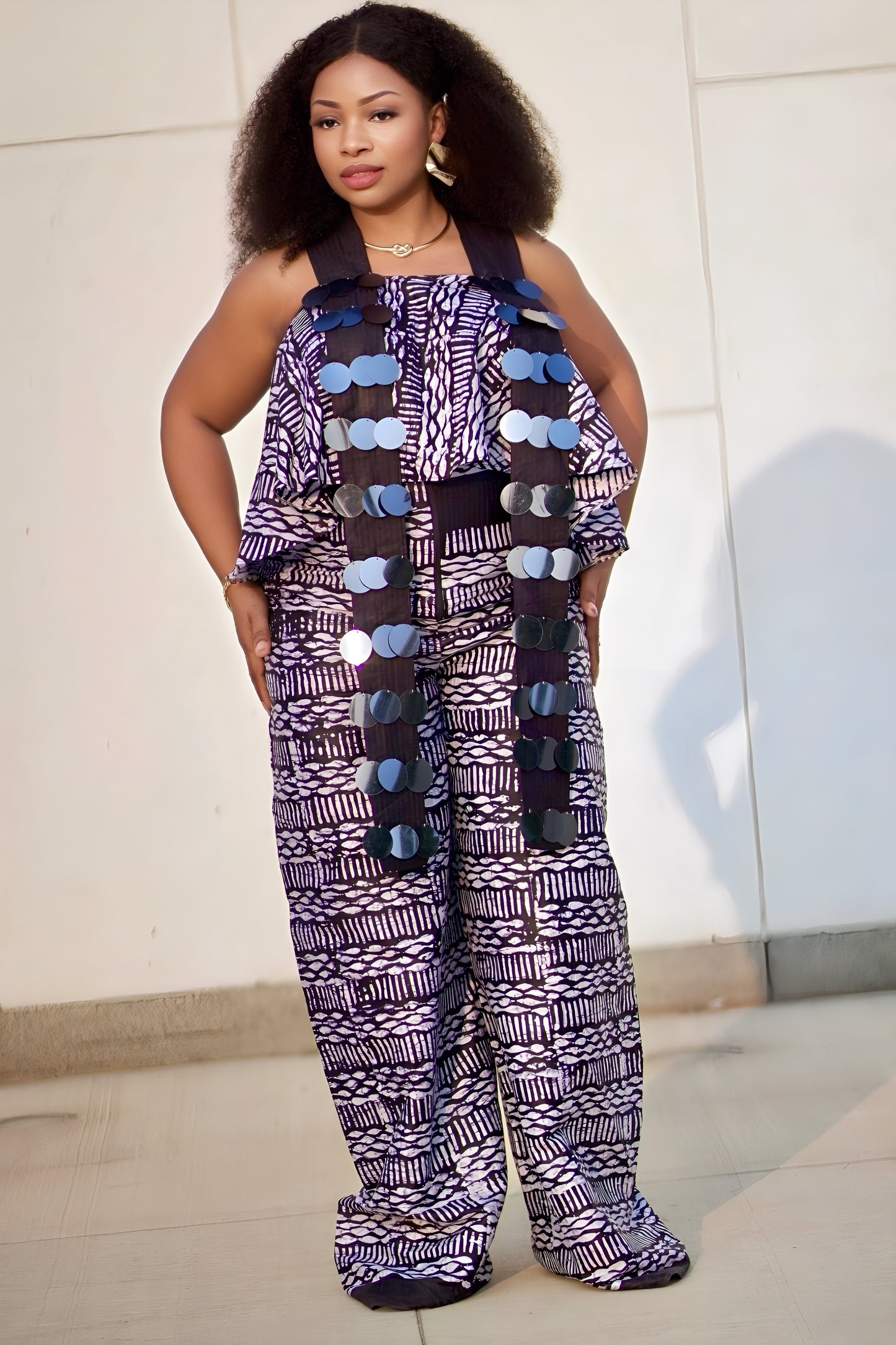 African Print Two-Piece Jumpsuit Set for Women β Sleeveless Cultural Outfit in Blue or Dark Purple