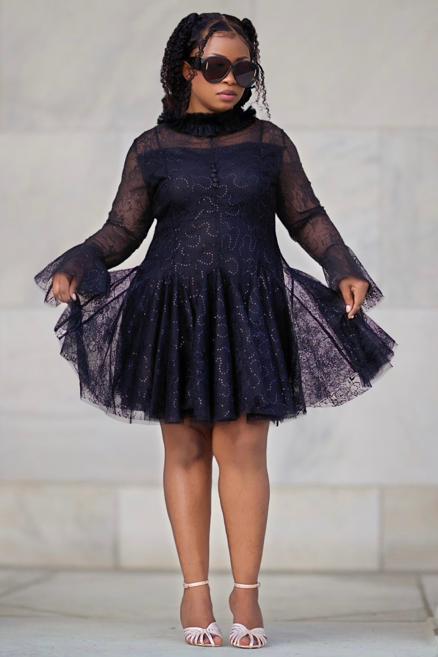 Elegant Lace Long Sleeve Flare Mini Dress – Evie Styles