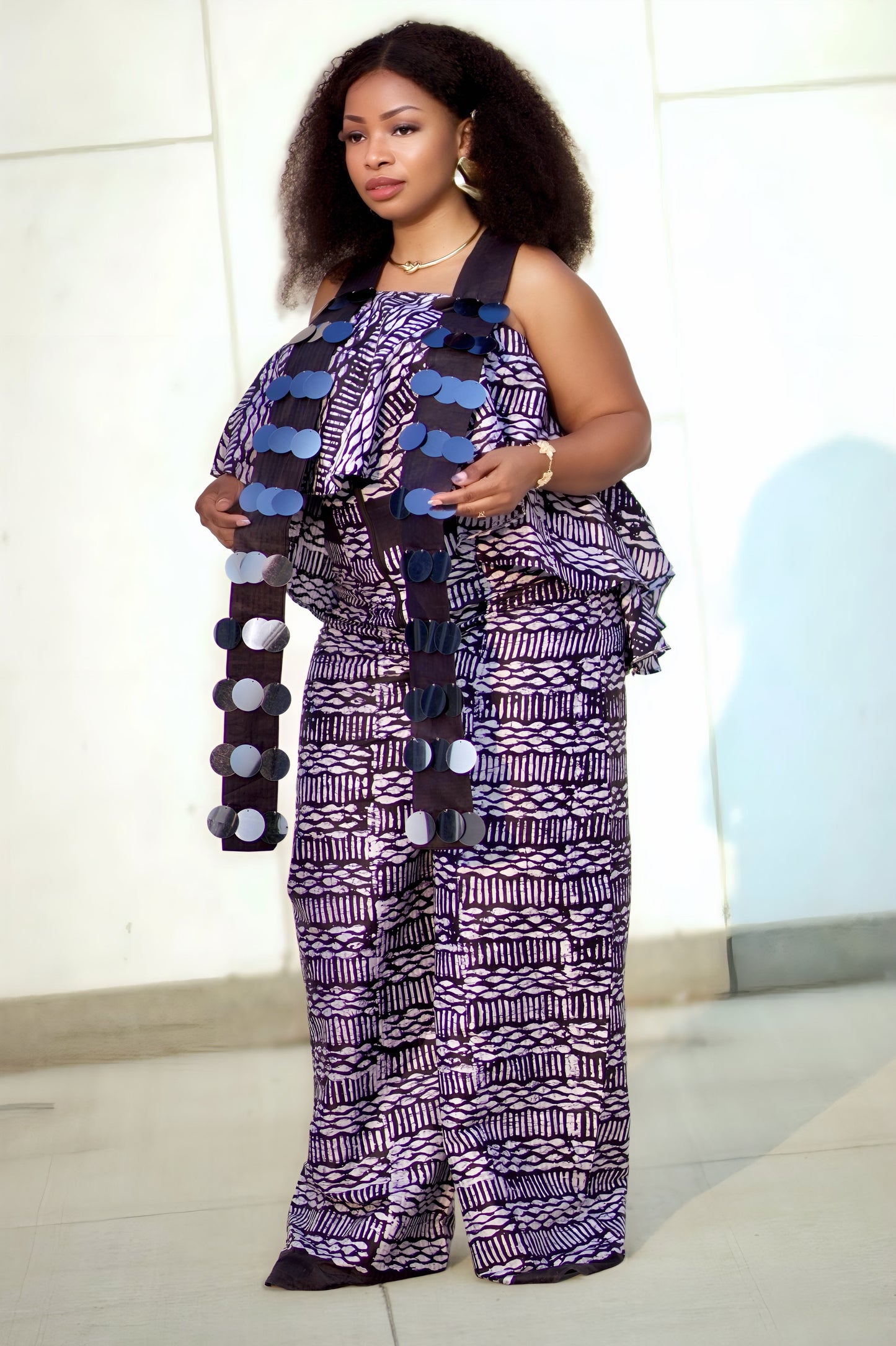 African Print Two-Piece Jumpsuit Set for Women β Sleeveless Cultural Outfit in Blue or Dark Purple