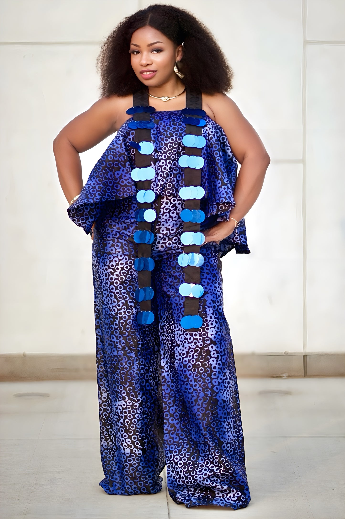 African Print Two-Piece Jumpsuit Set for Women β Sleeveless Cultural Outfit in Blue or Dark Purple