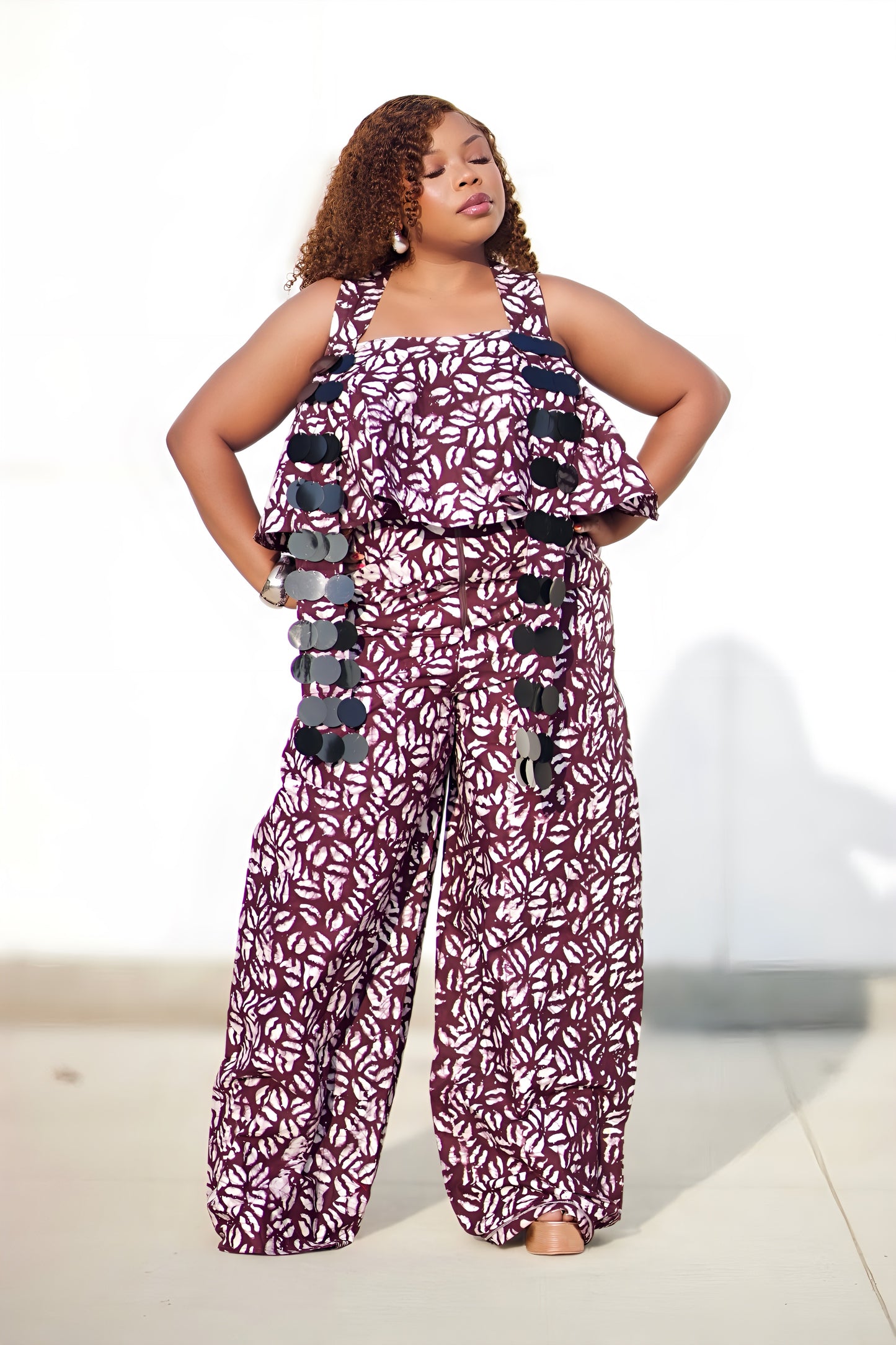 Maroon & White African Ruffle Jumpsuit – Wide-Leg Palazzo Style