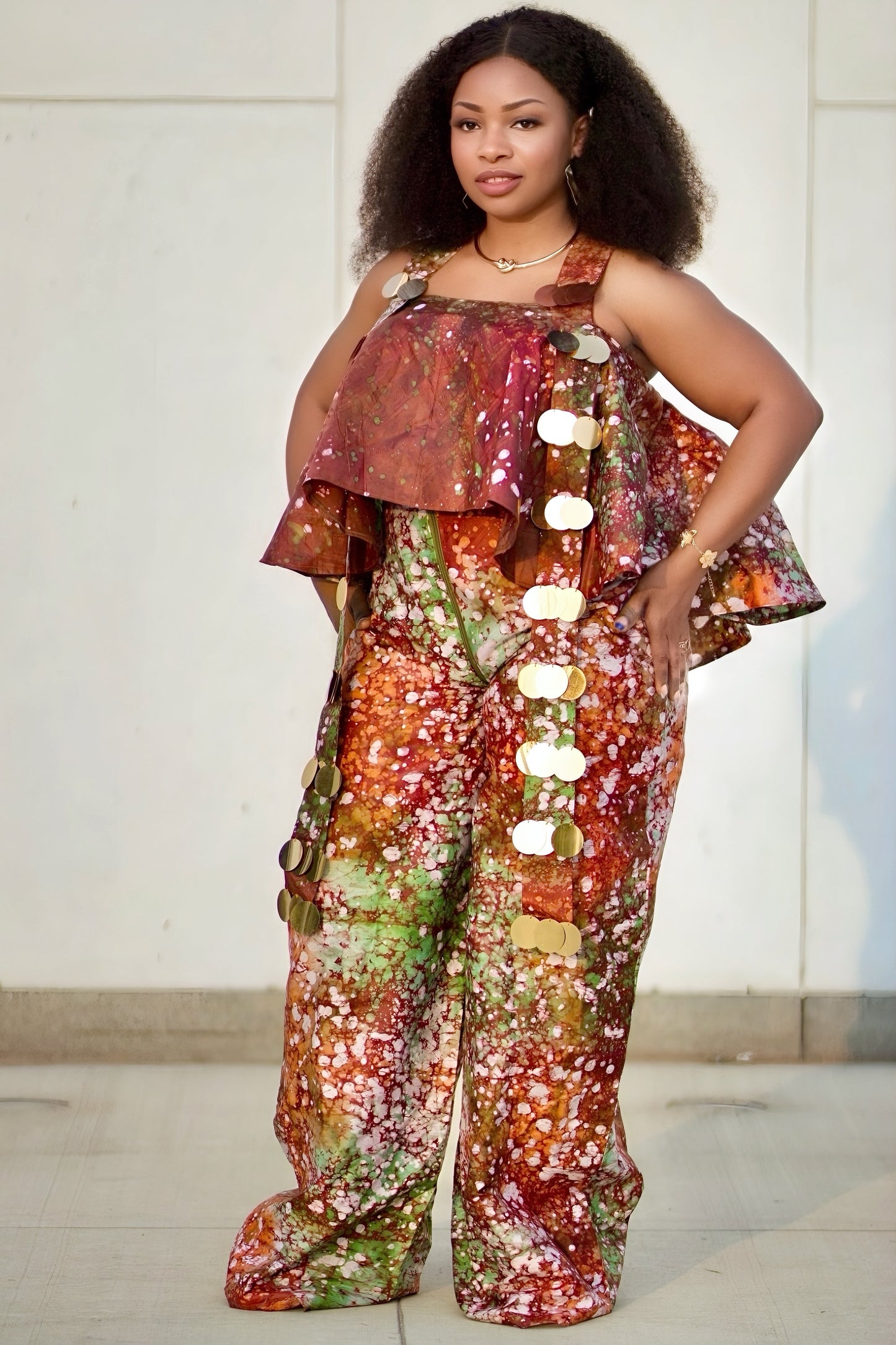 Batik Maroon Sleeveless Jumpsuit – Wide-Leg African Palazzo Look