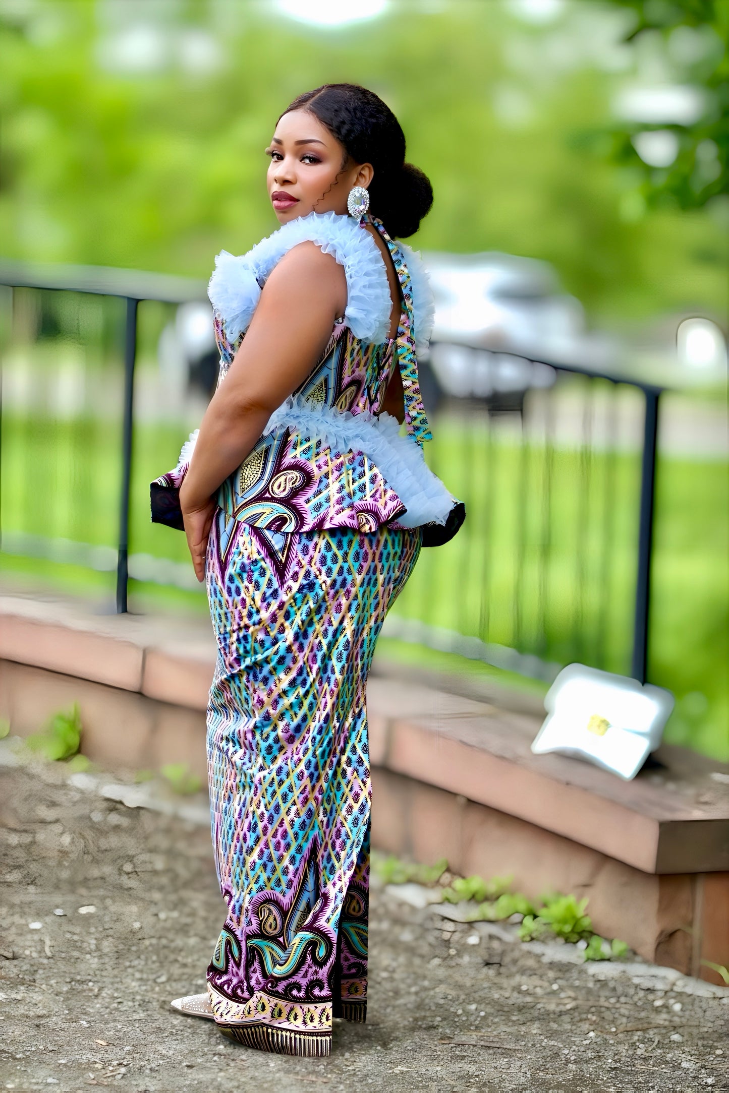 Ankara Mermaid Dress with Blue Ruffles