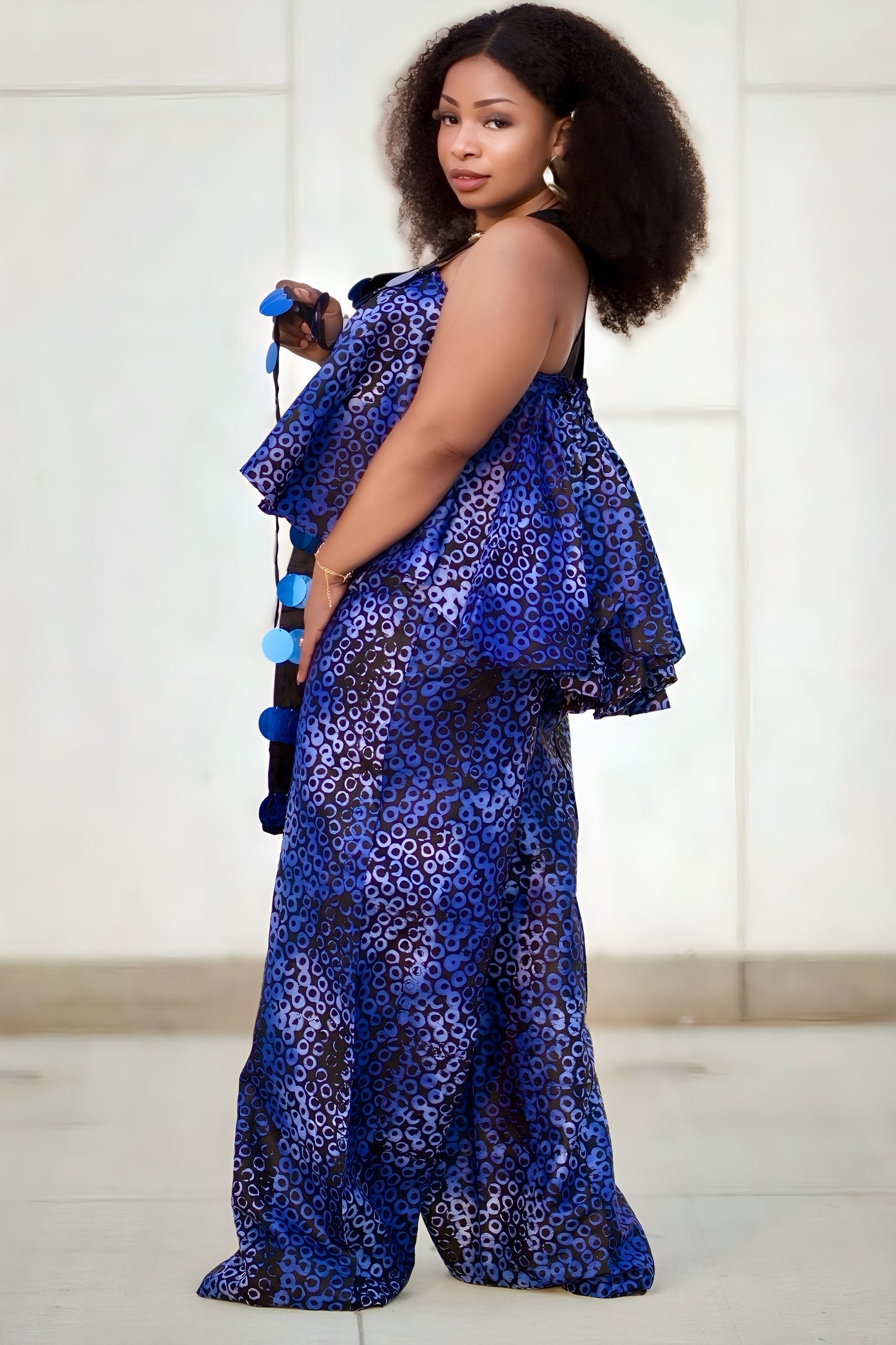 African Print Two-Piece Jumpsuit Set for Women β Sleeveless Cultural Outfit in Blue or Dark Purple