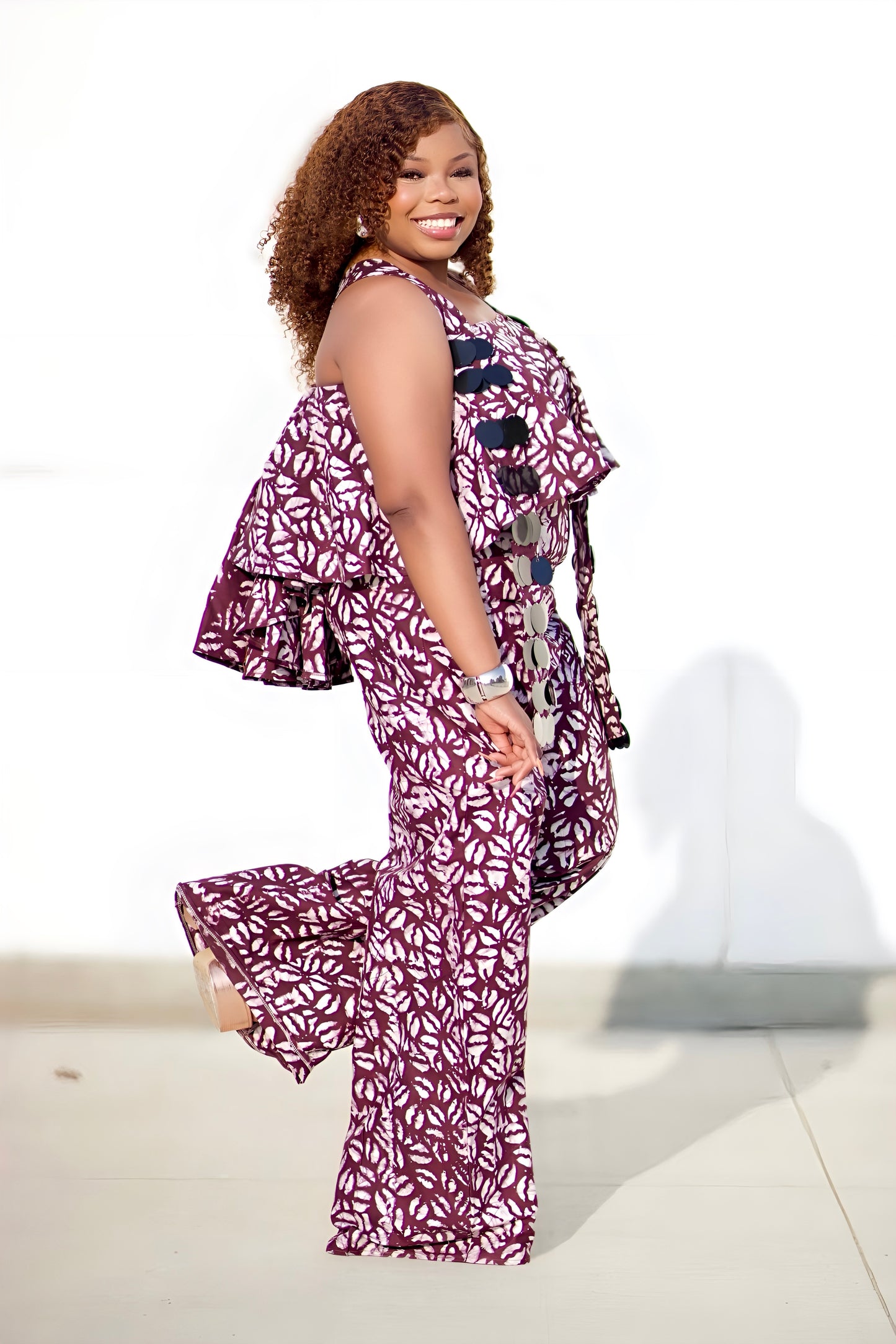 Maroon & White African Ruffle Jumpsuit – Wide-Leg Palazzo Style