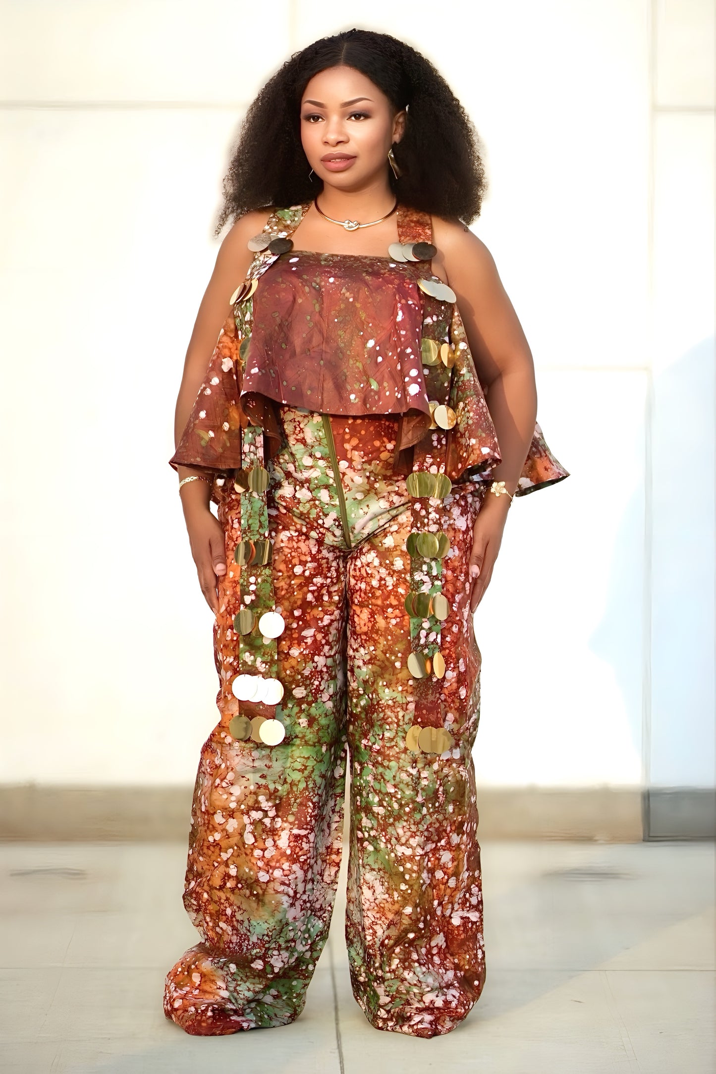 Batik Maroon Sleeveless Jumpsuit – Wide-Leg African Palazzo Look