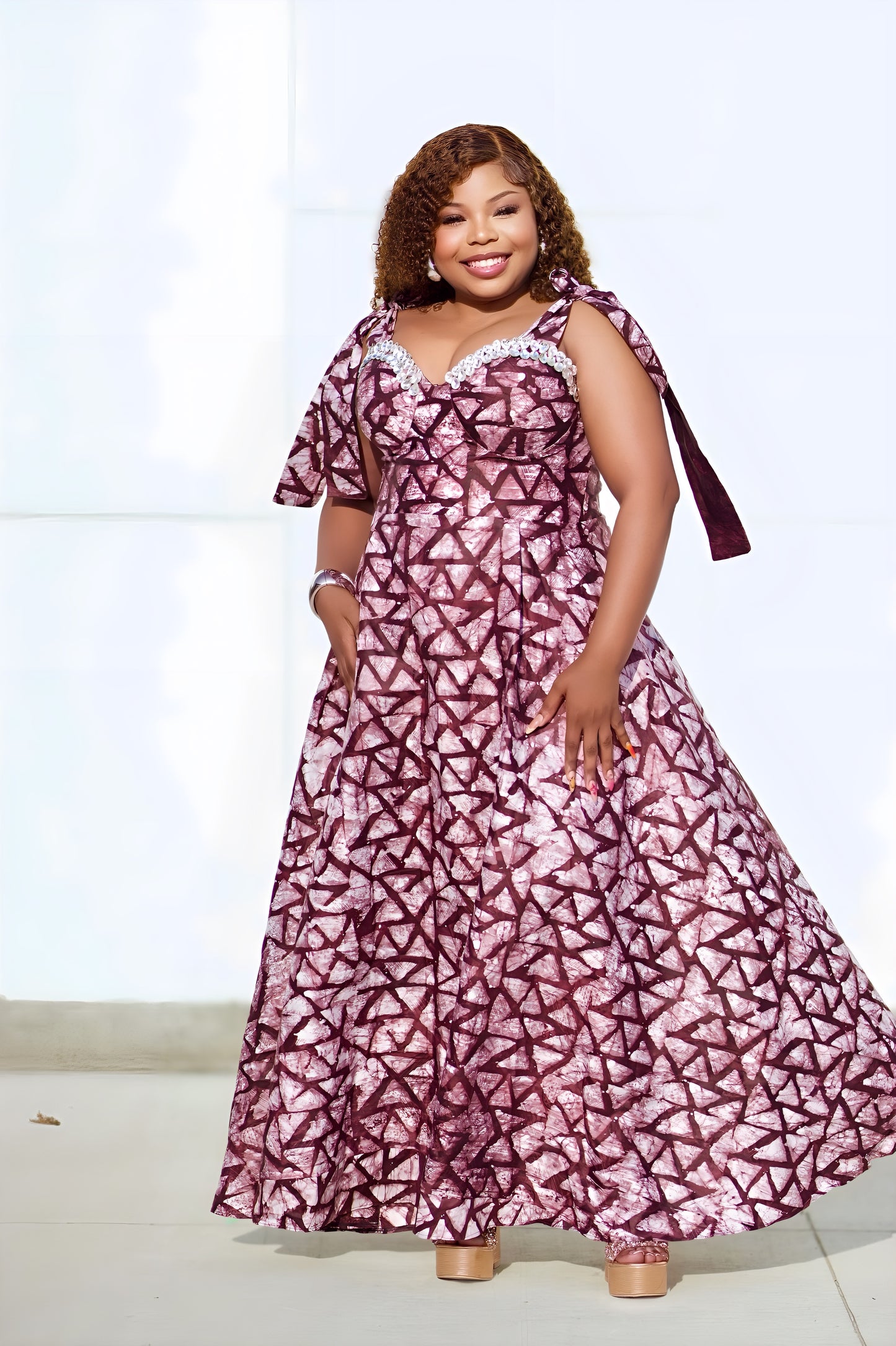 Elegant Ankara Maxi Dress β African Print Gown in Wine Red and Black