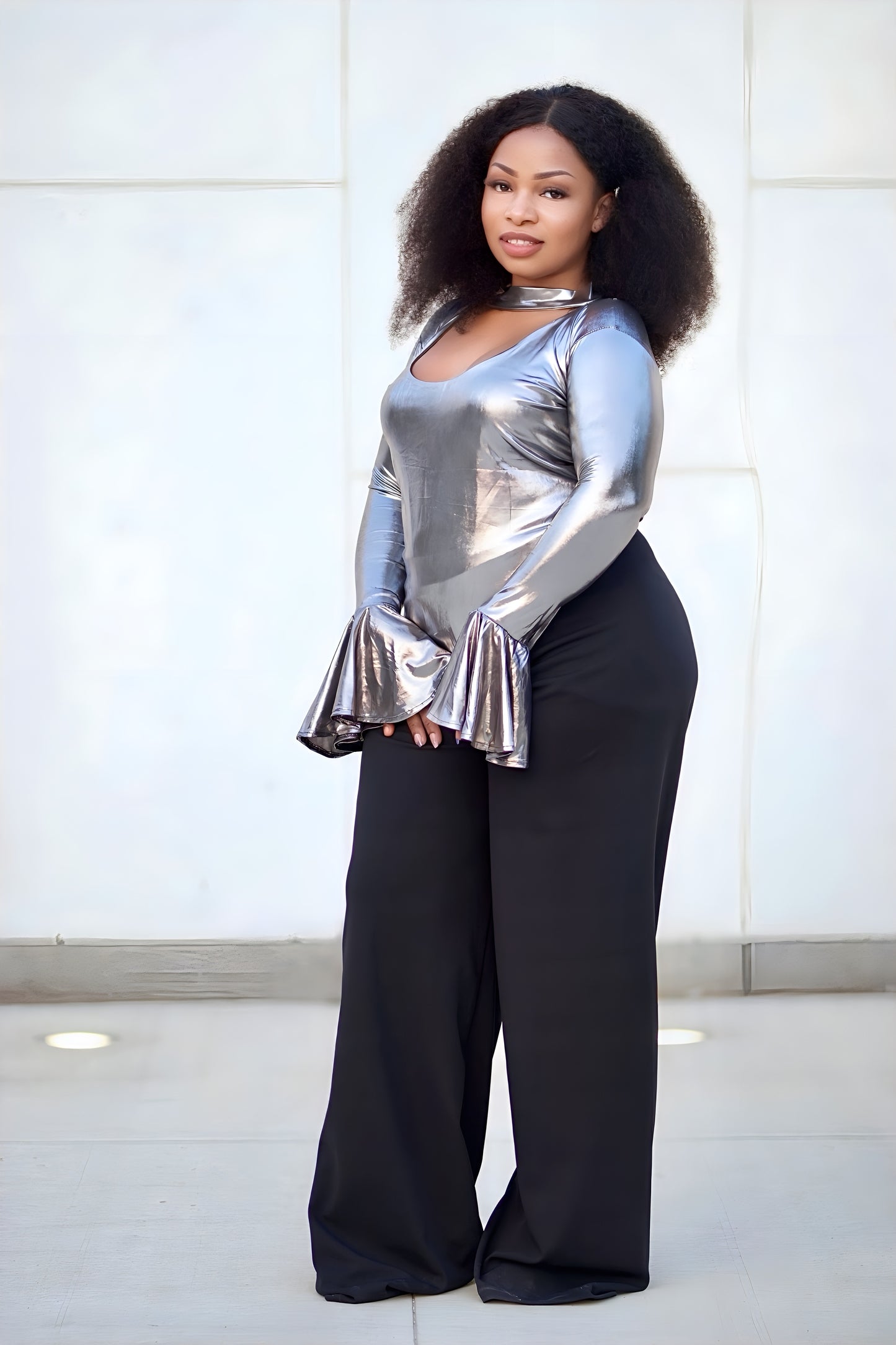 Metallic Silver Top & Black Wide-Leg Pants Set