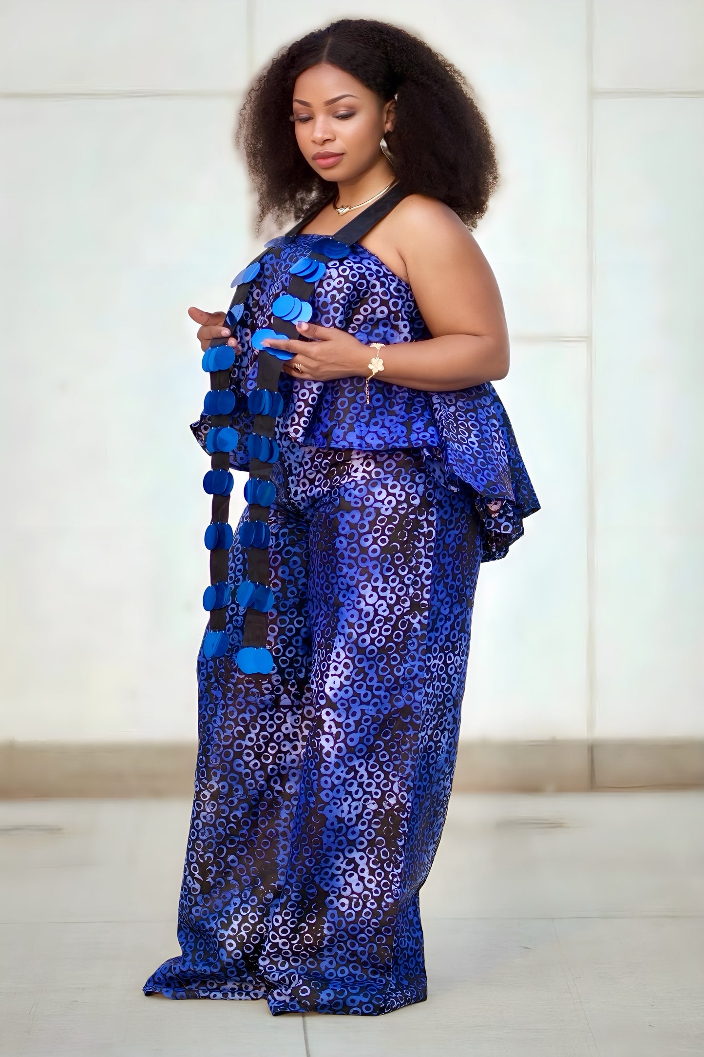African Print Two-Piece Jumpsuit Set for Women β Sleeveless Cultural Outfit in Blue or Dark Purple