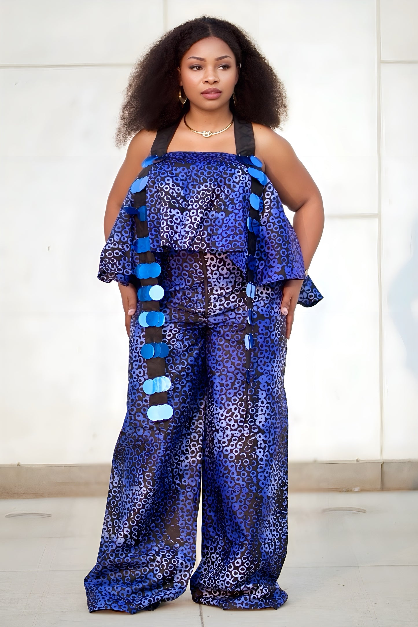 African Print Two-Piece Jumpsuit Set for Women β Sleeveless Cultural Outfit in Blue or Dark Purple