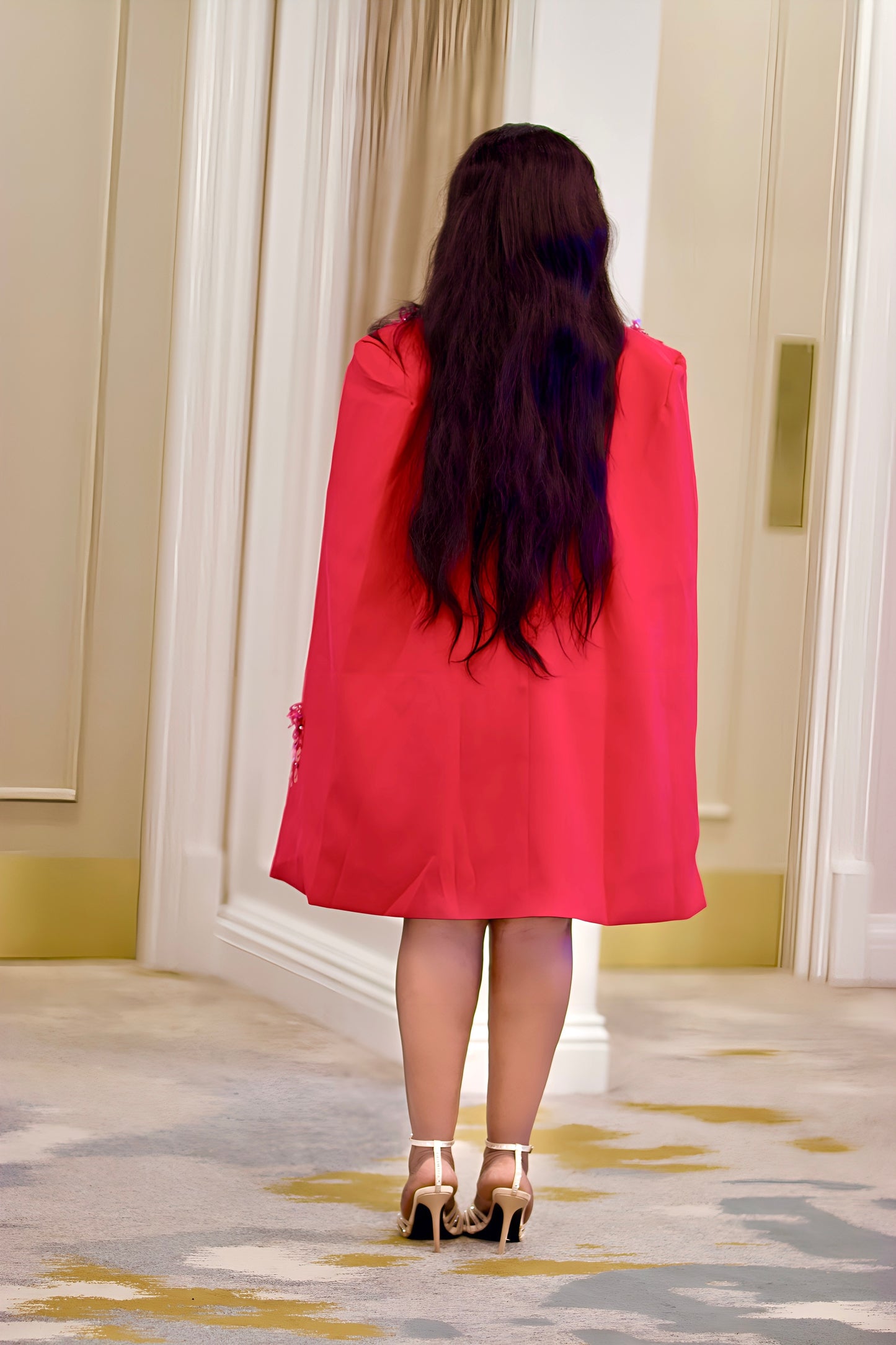 Elegant Pink Cape Blazer Dress with Sequin Embellishments