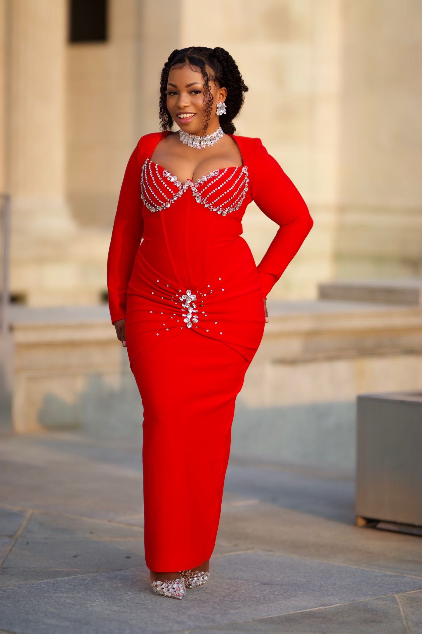 Crystal Embellished Bodycon Evening Gown – Red & Black