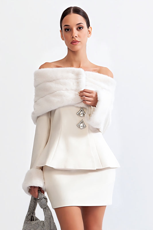 Off-Shoulder Faux Fur Coat & Skirt Set