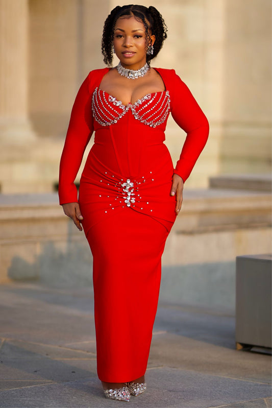 Crystal Embellished Bodycon Evening Gown – Red & Black