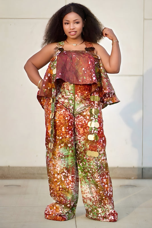Batik Maroon Sleeveless Jumpsuit – Wide-Leg African Palazzo Look