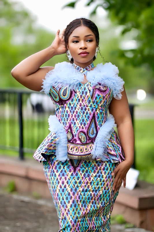 Ankara Mermaid Dress with Blue Ruffles