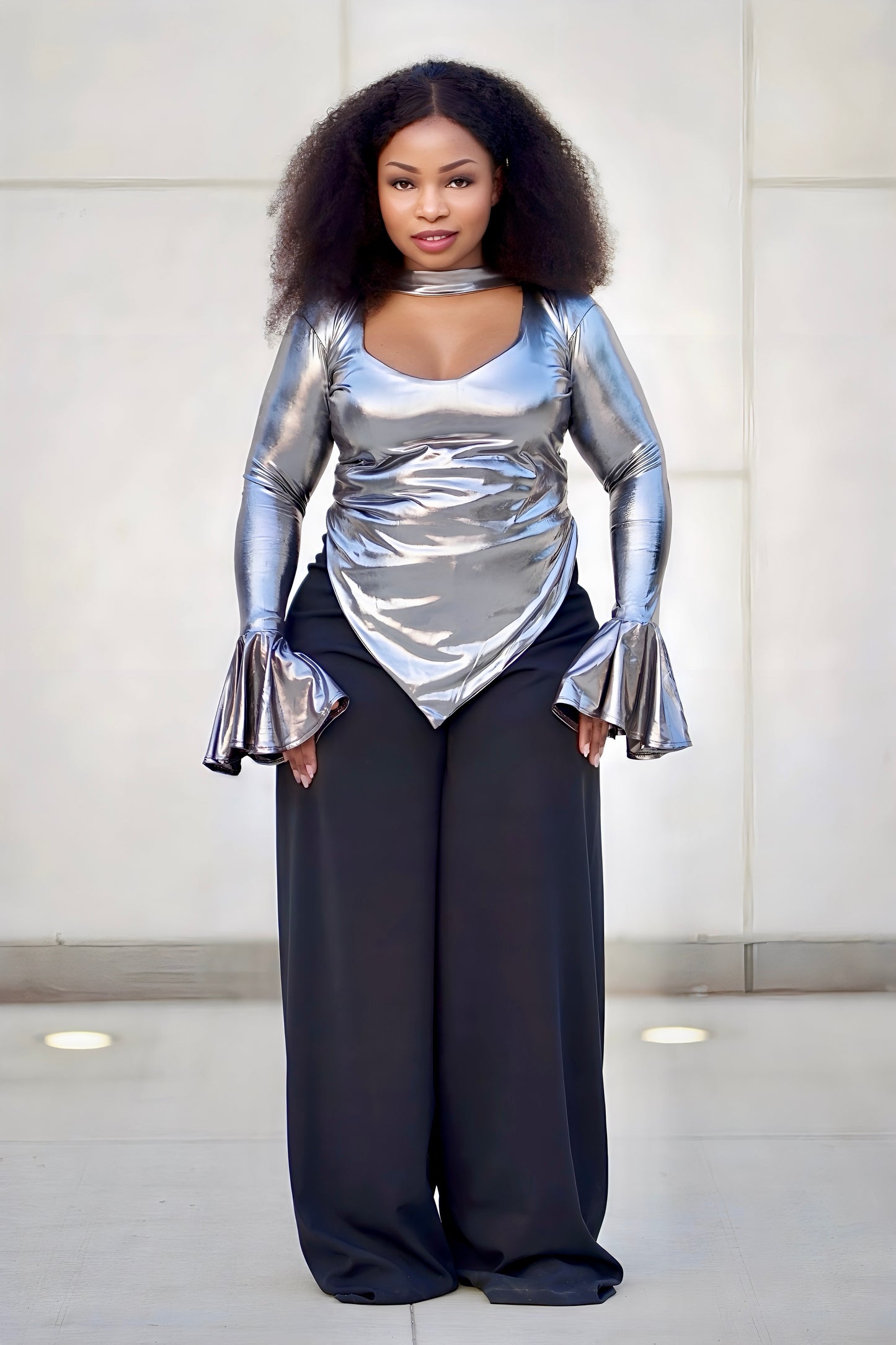 Metallic Silver Top & Black Wide-Leg Pants Set