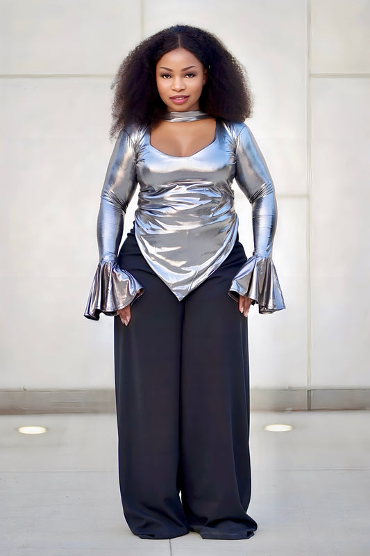 Metallic Silver Top & Black Wide-Leg Pants Set