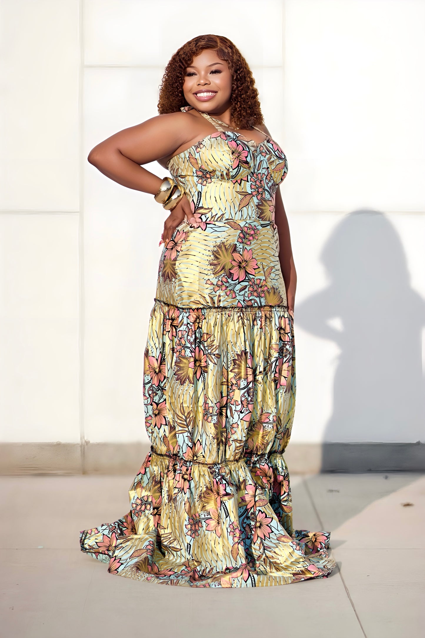 Ankara Skirt & Top Set – Tiered Maxi Skirt with Halter Top (Multicolor & Floral Yellow Variants)