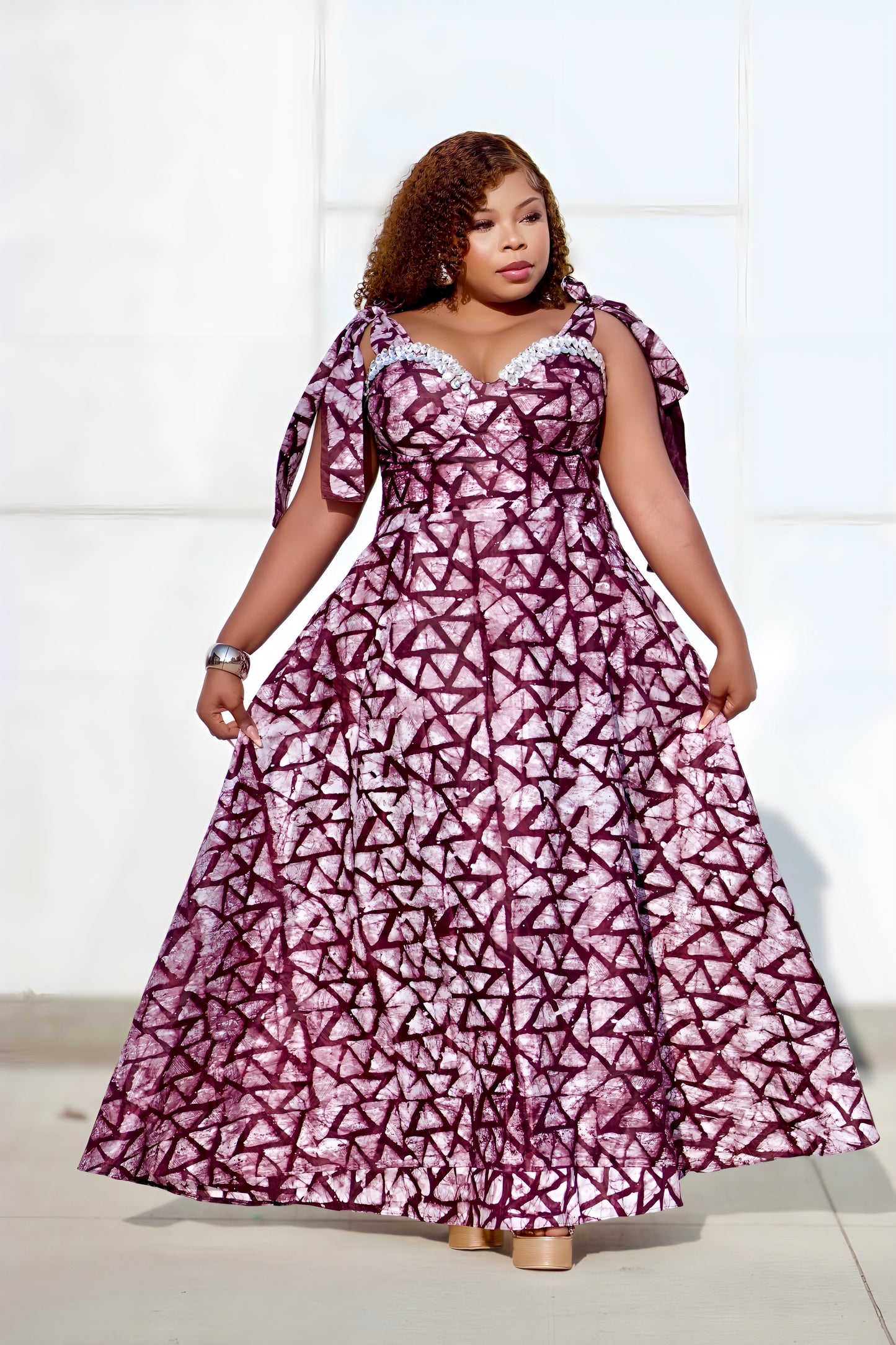 Elegant Ankara Maxi Dress – African Print Gown in Wine Red and Black