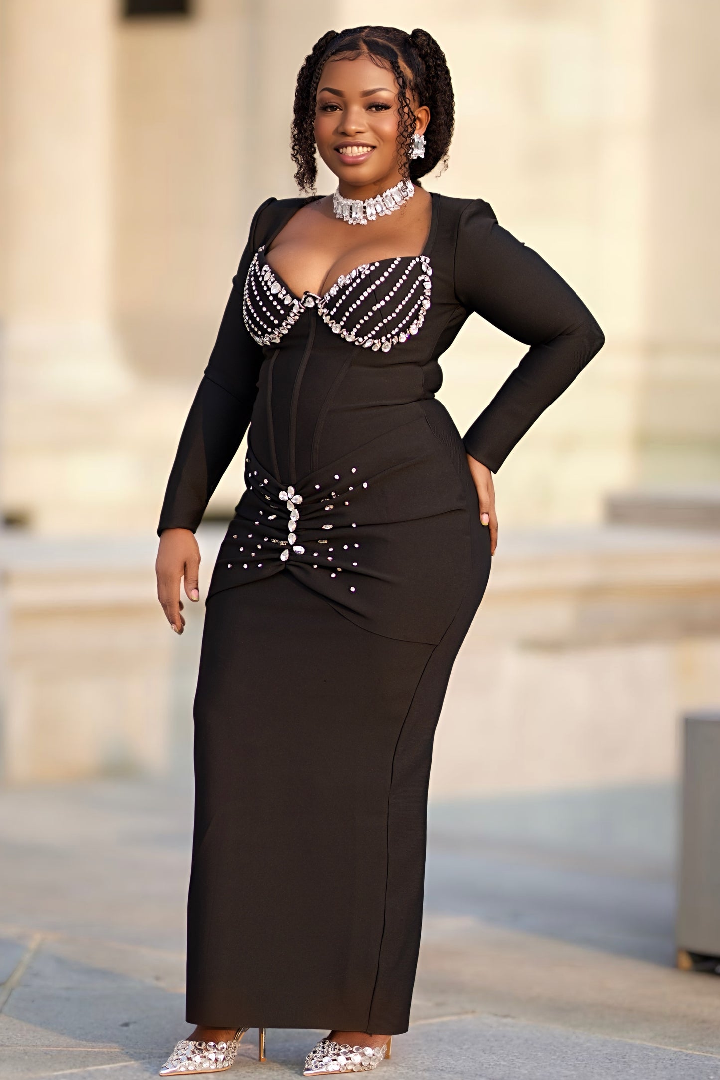 Crystal Embellished Bodycon Evening Gown – Red & Black