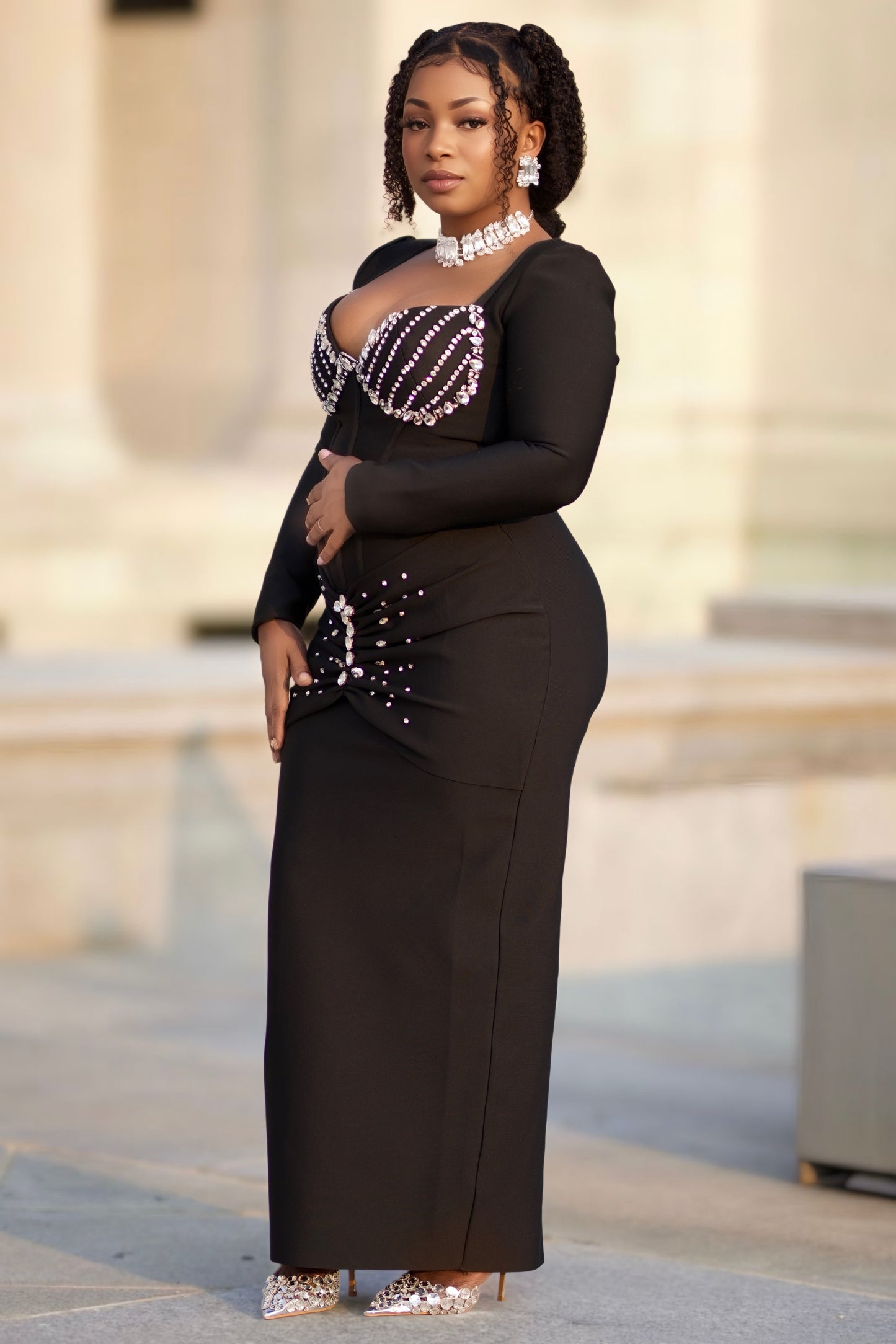 Crystal Embellished Bodycon Evening Gown – Red & Black