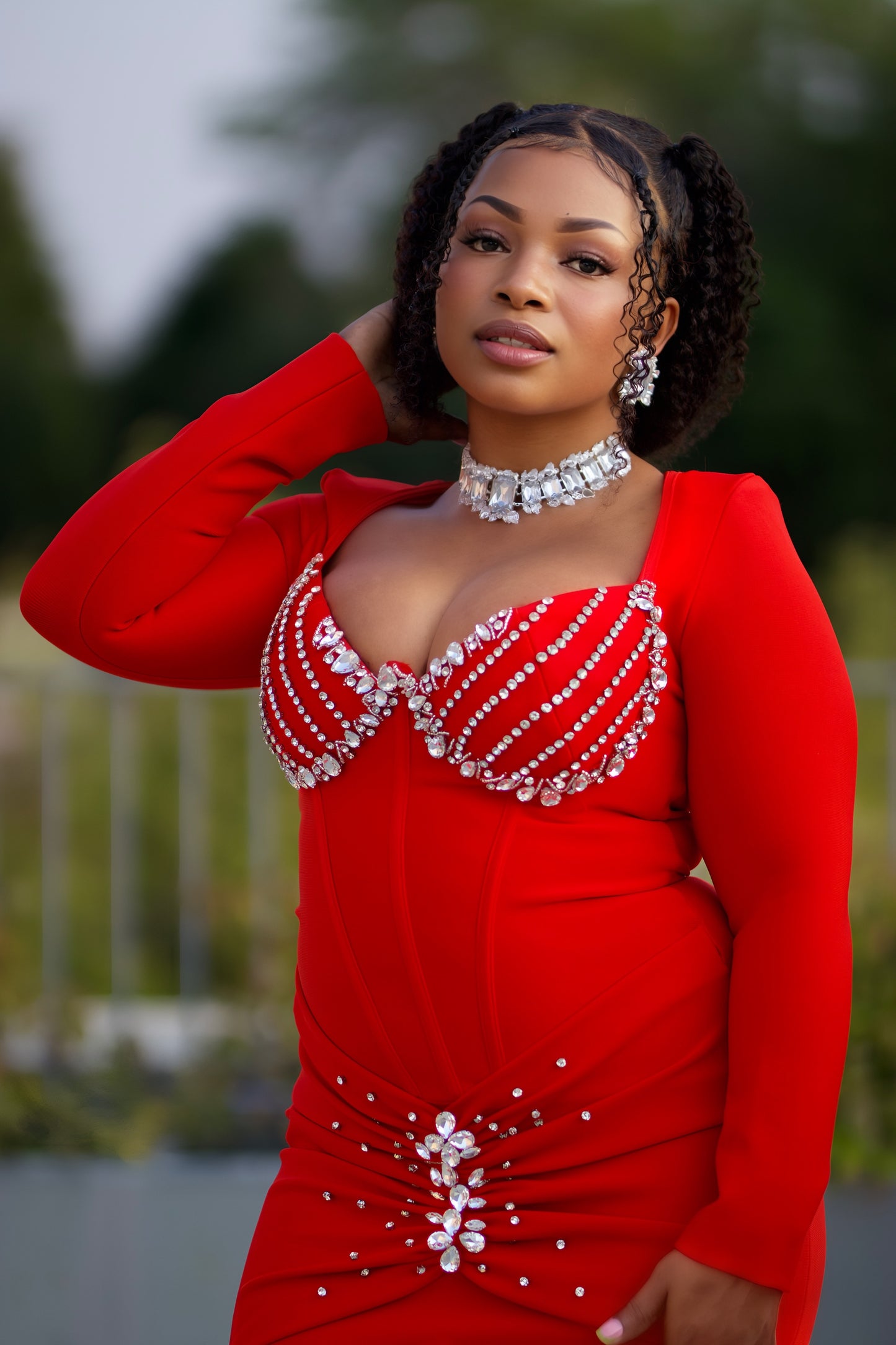 Crystal Embellished Bodycon Evening Gown – Red & Black